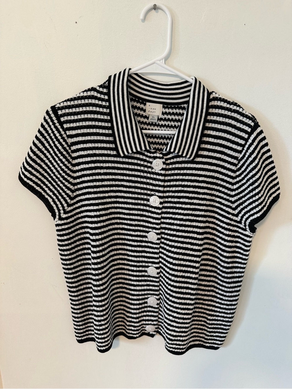 a new day Black & White Striped Button-Front Polo Top
